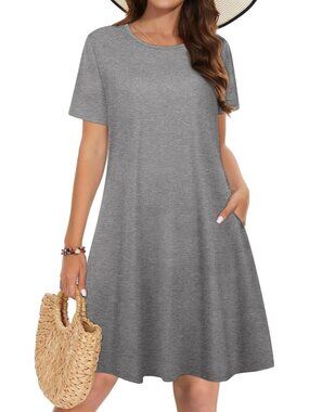 Women's Dark Grey T-shirt Short Sleeve Floral Sundress Beach Cover Mini Dress